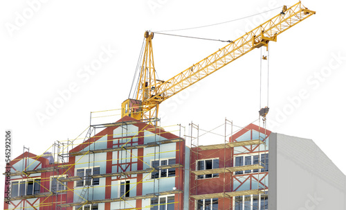 Construction site with crane and building on white