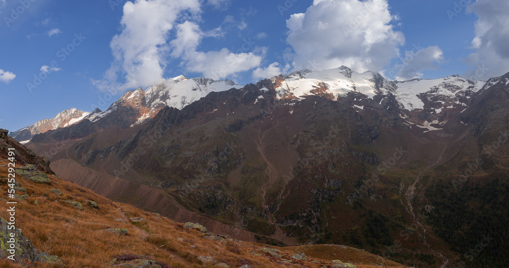 Sunset panorama of the head of Vallelunga valley with its summits, glaciers and moraines. Vallelunga, Alto Adige Sudtirol, Italy Sunset panorama of the head of Vallelunga valley with its summits, glaciers and moraines. Vallelunga, Alto Adige Sudtirol, Italy