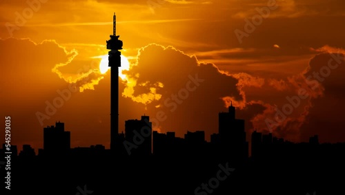 Johannesburg Skyline, Time Lapse at Sunset with Red Clouds and Fiery Sky, South Africa