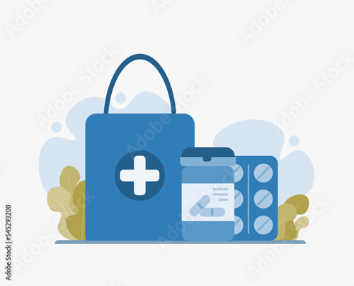 Healthcare, medicaments in drugstore, pharmaceutical consultation concept. Vector illustration