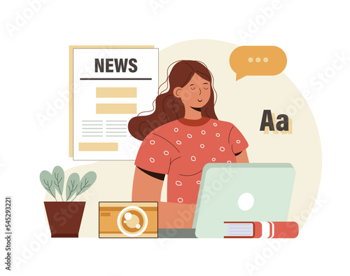 Journalist concept. Newspaper journalism. Publisher writing article for the mass media. Daily news page, mass media profession. Vector flat illustration