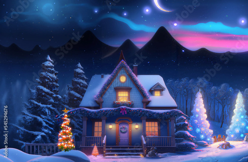 beautiful view of an old house with Christmas decorations, magical atmosphere,winter,night,moon,montaign,forest photo