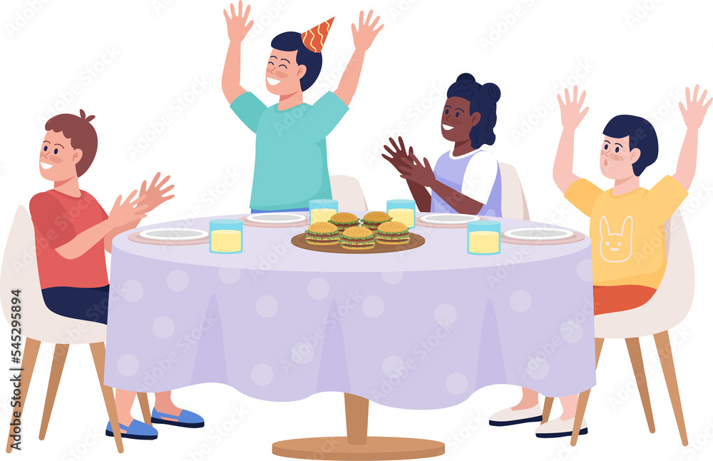 Happy kids at dining table semi flat color raster characters. Sitting figures. Full body people on white. Festive celebration simple cartoon style illustration for web graphic design and animation Happy kids at dining table semi flat color raster characters. Sitting figures. Full body people on white. Festive celebration simple cartoon style illustration for web graphic design and animation