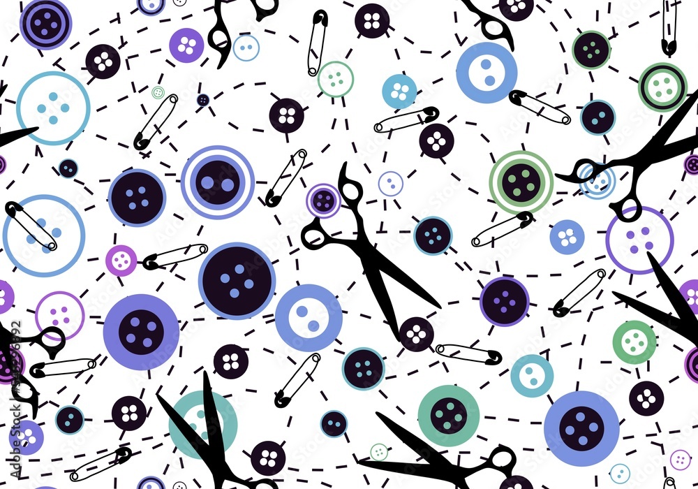 Cartoon sewing seamless buttons and scissors and pins pattern for wrapping paper and fabrics and linens and hobbies Cartoon sewing seamless buttons and scissors and pins pattern for wrapping paper and fabrics and linens and hobbies