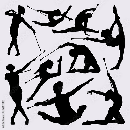 Set of baton twirlers black silhouette, gymnast baton twirling, women dancing silhouette photo