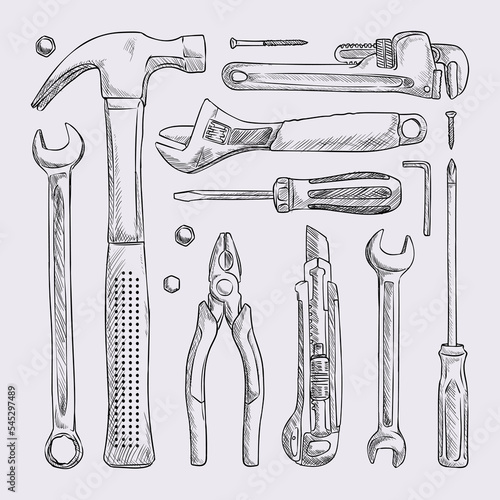 Set of construction tools and mechanical kit, tools for housework and non professional repair