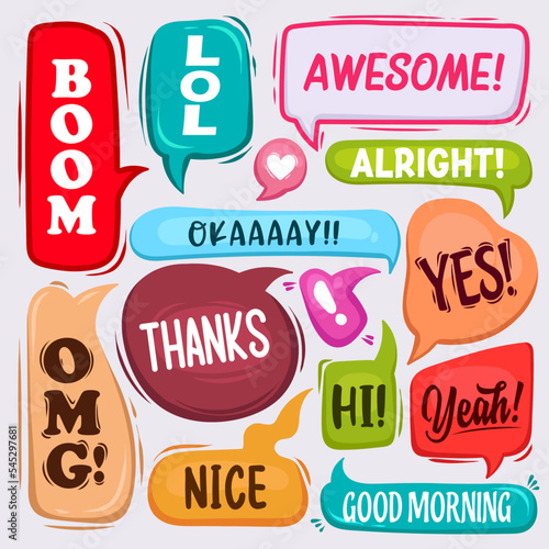 Hand drawn colorful speech bubbles with different expressions, comic books dialog bubbles