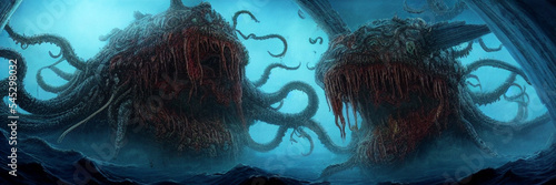 Cthulu monster  in the water fantasy horror Lovecraftian background 