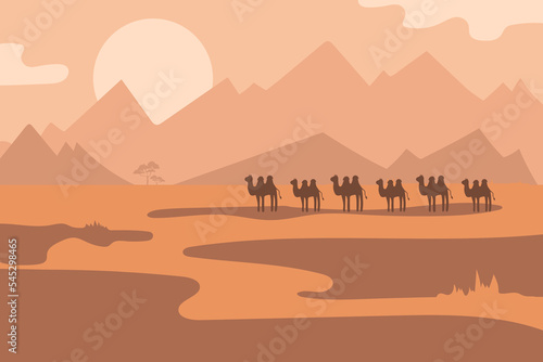 Desert horizontal poster with camels cartoon characters in the savannah. Landscape vector illustration in brown-orange colors