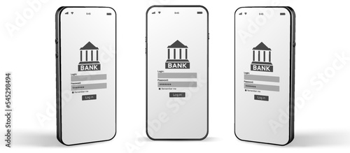 Mobile banking network. Smartphone with internet online bank application. Pig bank with usd money cash on white background. Save money business concept.