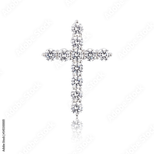 Silver cross pendant with zircons isolated on white background
