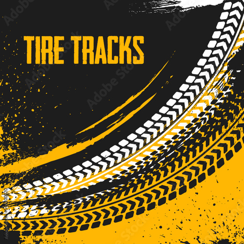 Tire tracks and lines background, black and yellow grunge tire tracks banner, car tread silhouette
