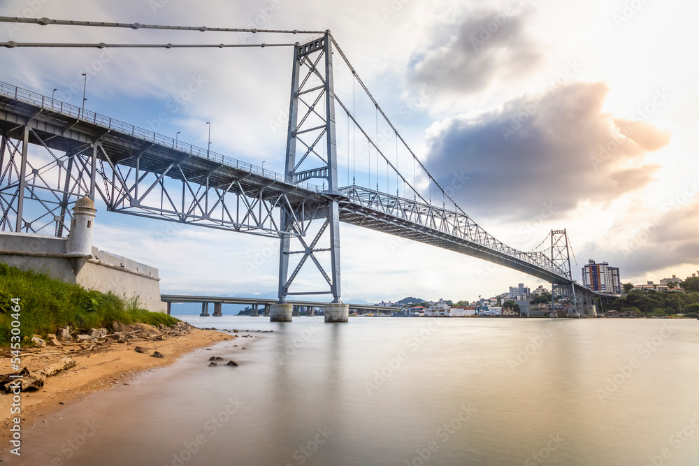 Hercilio luz cable stayed bridge at sunrise in Florianopolis, Southern Brazil