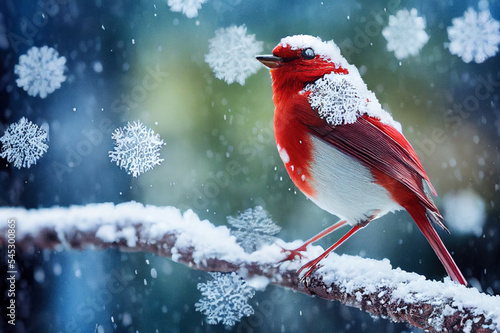 Fototapeta Red robin on a snow covered tree branch in a winter landscape illustration