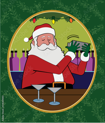 Santa serves drinks at a bar.