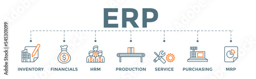 ERP enterprise resource planning banner web illustration with inventory, financials, hrm, production, service, purchasing, and mrp icon.