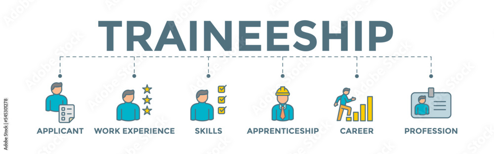 Traineeship banner web icon illustration of job training program with applicant, work experience, skills, internship, career, and profession icons. Traineeship banner web icon illustration of job training program with applicant, work experience, skills, internship, career, and profession icons.