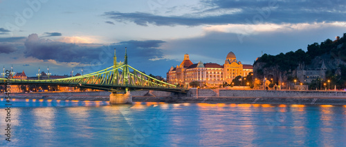 Budapest night view. Long exposure. Hungarian landmarks, Freedom Bridge and Gellert Hotel Palace.