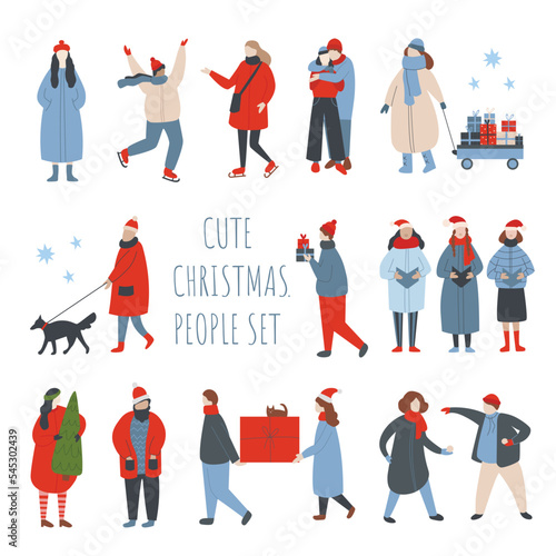 Winter people. Group of cartoon characters dressed in winter clothes with scarves and hats, doing outdoor Christmas activities. People bring gifts and trees, walk dogs,Vector flat isolated set