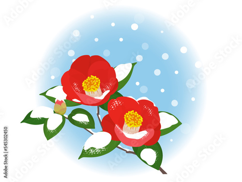 雪の中で咲く椿_ワンポイント_ベクターイラスト