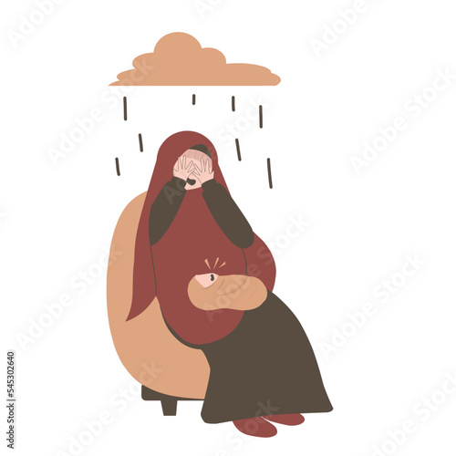 Muslim mother in postpartum depression. Baby blues illustration. Sad mother. Mental health awareness. 
