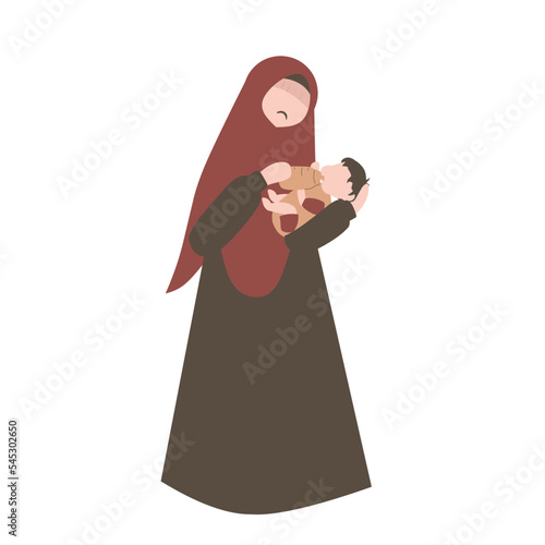 Muslim mother in postpartum depression. Baby blues illustration. Sad mother. Mental health awareness. 