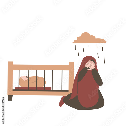 Muslim mother in postpartum depression. Baby blues illustration. Sad mother. Mental health awareness. 