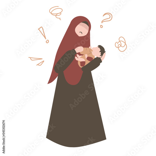 Muslim mother in postpartum depression. Baby blues illustration. Sad mother. Mental health awareness. 