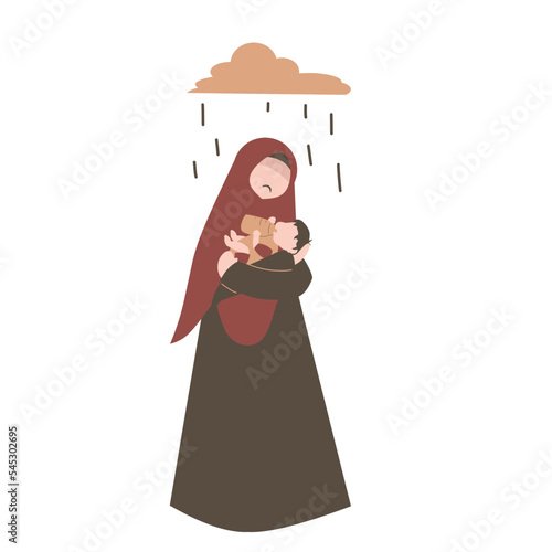Muslim mother in postpartum depression. Baby blues illustration. Sad mother. Mental health awareness. 
