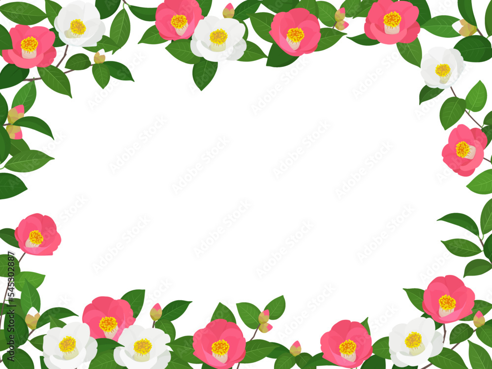 椿の囲みフレーム_ピンク白_ベクターイラスト
