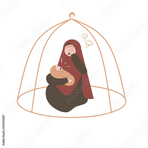 Muslim mother in postpartum depression. Baby blues illustration. Sad mother. Mental health awareness. 