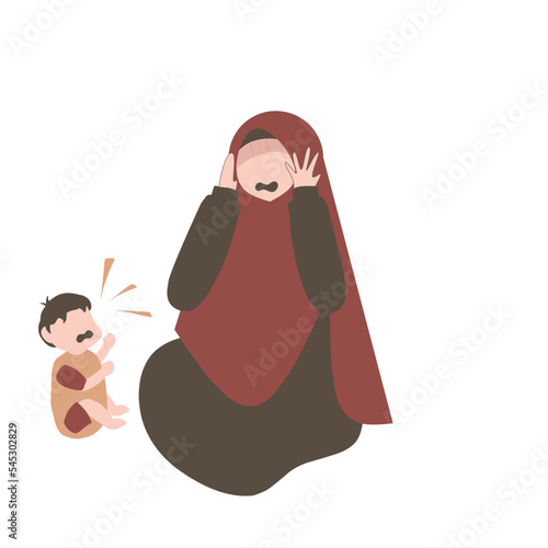 Muslim mother in postpartum depression. Baby blues illustration. Sad mother. Mental health awareness. 