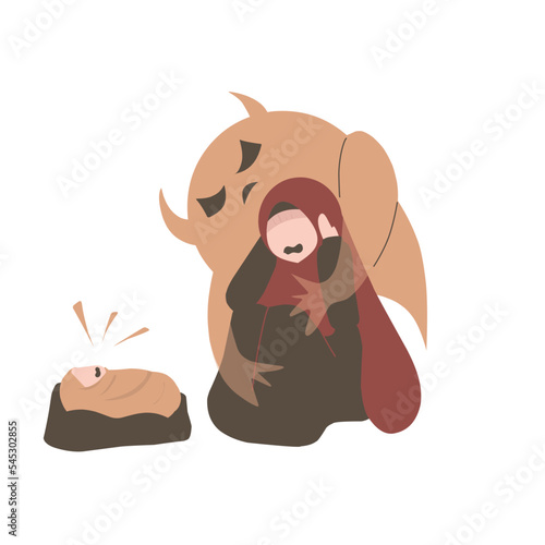 Muslim mother in postpartum depression. Baby blues illustration. Sad mother. Mental health awareness. 