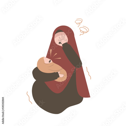 Muslim mother in postpartum depression. Baby blues illustration. Sad mother. Mental health awareness. 