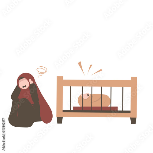 Muslim mother in postpartum depression. Baby blues illustration. Sad mother. Mental health awareness. 