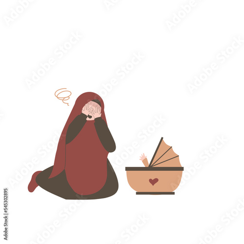 Muslim mother in postpartum depression. Baby blues illustration. Sad mother. Mental health awareness. 