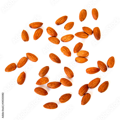 Raw Natural Organic Almonds Nuts Scattered Isolated on White Background Top View Healthy Food for Life Natural Light Selective Focus