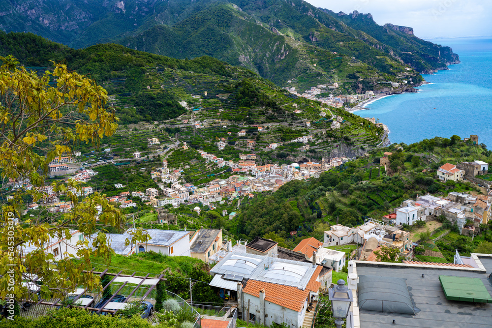 View of Minori and Lemon Grove Terraces on the Amalfi Coast seen from Ravello in Italy