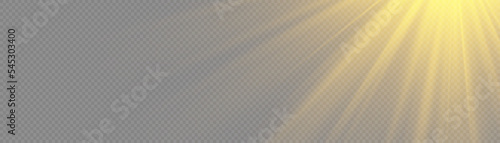 Flash gold light with rays and spotlight. Golden star burst with sparkles. Translucent shine sun, bright flare. Sunlight glowing png effect. Yellow beam sunrays on transparent background. Vector