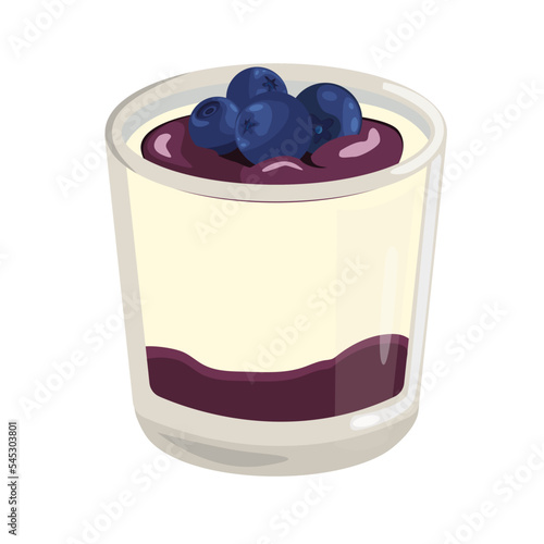 Dessert panna cotta in a glass with blackberries and a layer of jam. Traditional Italian parfait of cream and fruit, vector illustration in cartoon style. Isolated background.