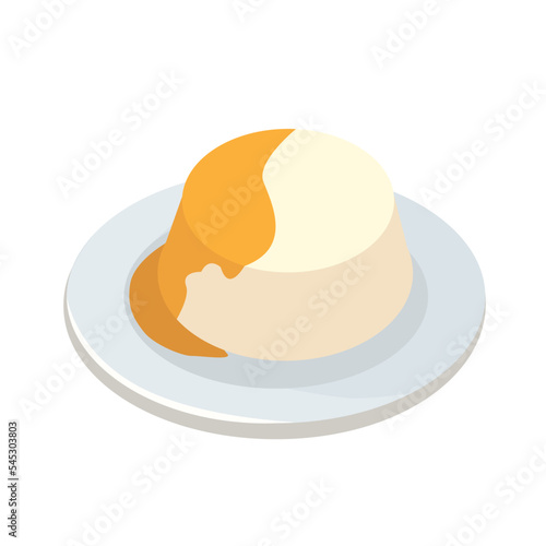 Sweet dessert panna cotta with mango and mango syrup. Dessert on a plate. Popular dessert. Banner. Vector illustration with isolated background. Flat style.