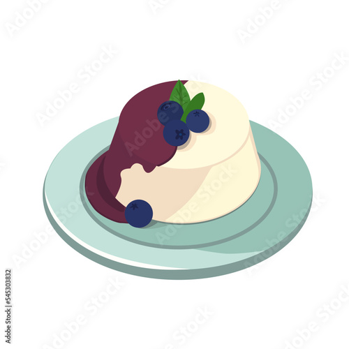 Sweet panna cotta dessert with blueberries watered with syrup. Dessert on a plate. Popular candy. Banner. Vector illustration with isolated background. Flat style.
