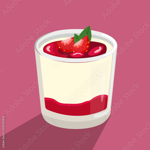 Dessert panna cotta in a glass with strawberries and a layer of jam. Traditional Italian parfait of cream and fruit, vector illustration in cartoon style. Isolated background. Banner. 