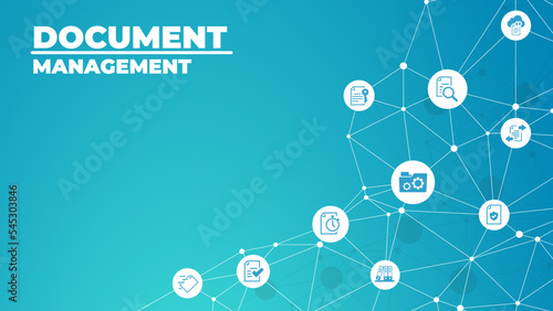 Document management vector illustration. Blue concept with no people related to digital file storage system and software, corporate records keeping, database technology.