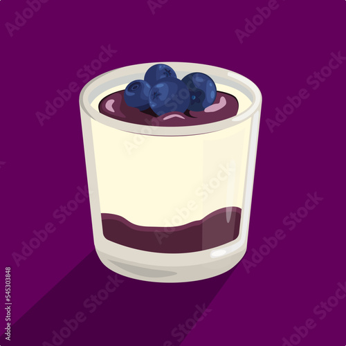 Dessert panna cotta in a glass with blackberries and a layer of jam. Traditional Italian parfait of cream and fruit, vector illustration in cartoon style. Isolated background. Banner. 