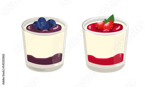 Panna cotta dessert set in a glass with strawberries and blackberries under a layer of jam.Pastry theme. Delicate dessert.Traditional Italian cream and fruit parfait, cartoon style vector illustration