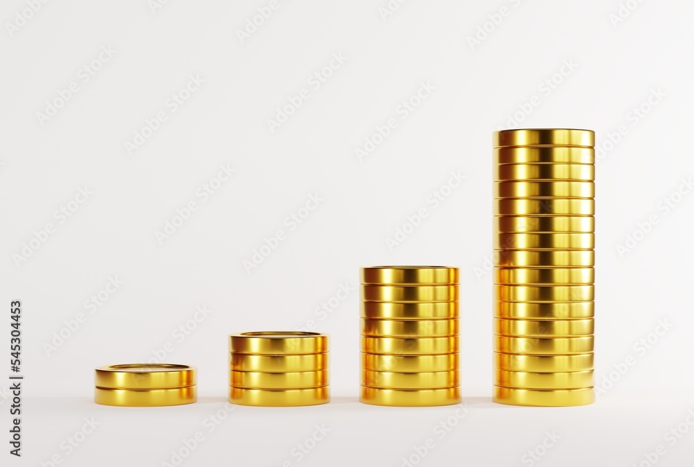 A dime of coins on a light background from the smallest to the largest amount. Gold coins, business and financial concept. 3D render, 3D illustration. A dime of coins on a light background from the smallest to the largest amount. Gold coins, business and financial concept. 3D render, 3D illustration.