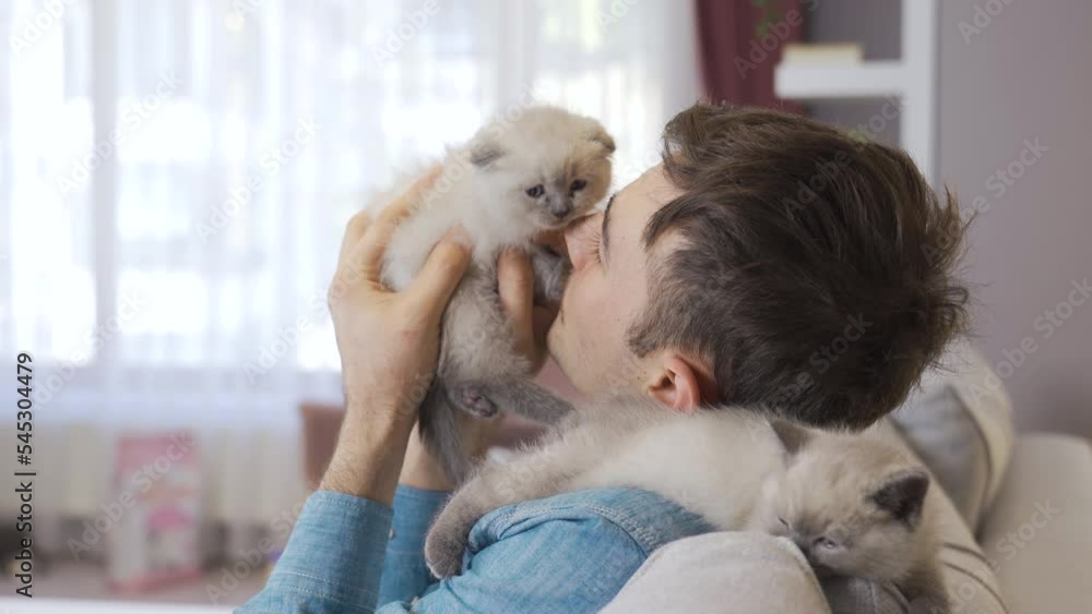 The animal lover man loves and owns kittens.
The man who spends a pleasant time with the kittens at home is happy and loves his cats.
The animal lover man loves and owns kittens.
The man who spends a pleasant time with the kittens at home is happy and loves his cats.