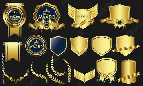 collection of vector design elements for gold badges, seals, medals, shields, coats, badges, banners, scrolls, ribbons and ornaments