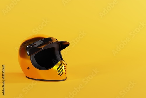 Motorcyclist helmet on a yellow background. Concept of riding a motorbike, motorcyclist safety. 3D render, 3D illustration.